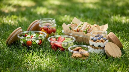 Spring picnic food in glass containers on grass with fresh ingredients  