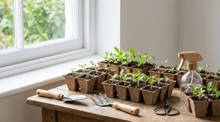 Gardening tools and seedlings in trays beside window  