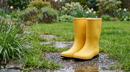 Yellow rain boots standing on wet grass garden path in spring rain  