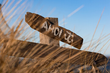 Holzschild mit der Aufschrift &bdquo;Ahoi&ldquo; zwischen D&uuml;nengras an der Ostseek&uuml;ste bei klarem blauem Himmel. Das Motiv steht f&uuml;r maritime Begr&uuml;&szlig;ung, K&uuml;stengef&uuml;hl und norddeutsche Strandatmosph&auml;re.