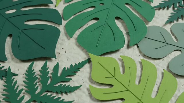 Assorted Green Tropical Leaves and Ferns Flat Lay on Textured Background - Modern Botanical Design Elements for Creative Projects