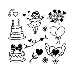 Celebration and love doodles with cakes, hearts, and a ballerina