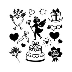 Valentine's day elements with cupid, cake, hearts, and flowers
