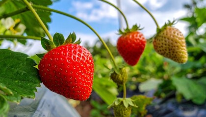 Close-up of Ripe and Unripe Strawberries on the Vine.