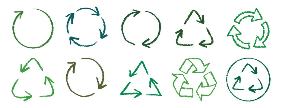 Recycle arrow hand drawn pencil line icon set. Crayon green recycle arrow chalk Icon Vector drawing