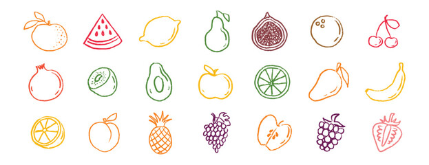 Fruit icons chalk hand drawn doodle set. Drawing crayon fruit