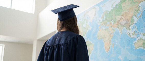 A graduate in cap and gown pondering over a detailed world map, symbolizing the exciting journey of education and exploration ahead, filled with opportunities and the pursuit of knowledge.
