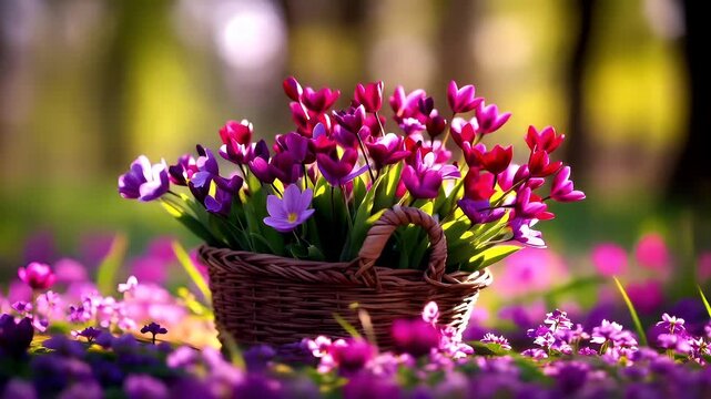 Spring booming. Life. New hope. Season. A closeup of a bouquet of purple and red tulips in a wicker basket, set against a backdrop of a lush green forest. The tulips are in full bloom.