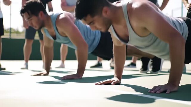 Intense Workout: Group Fitness Session with Push-Ups on Tennis Court Under Sunny Skies