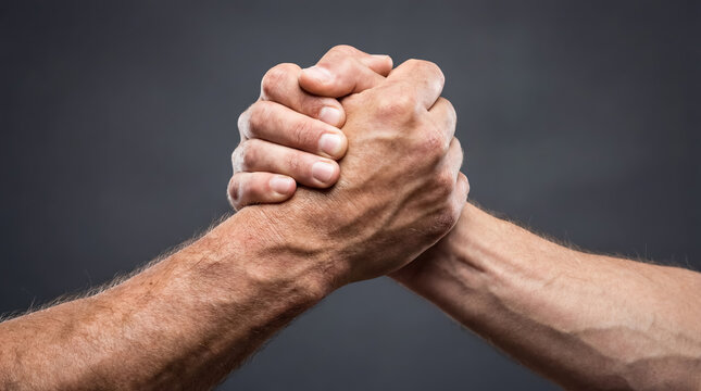 Close-up of two male hands clasped in a firm grip symbolizing struggle or greeting