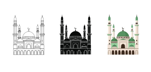 Obraz premium Modern Mosque Architecture Vector Set in Line Art for Islamic Design, App UI, Posters and Branding