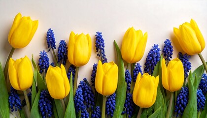 Bright Yellow Tulips and Blue Muscari Flowers in Spring Arrangement.