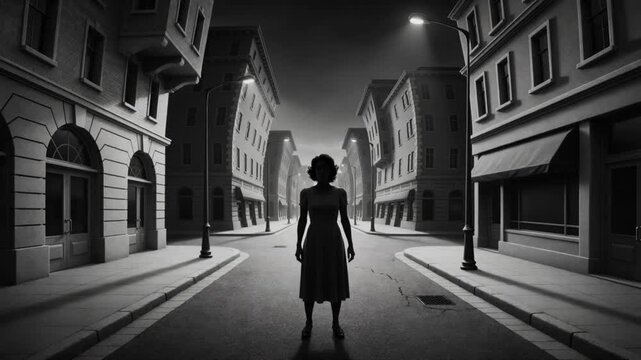 Femme seule dans rue vide noir et blanc