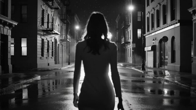 Femme dans rue nocturne en noir et blanc