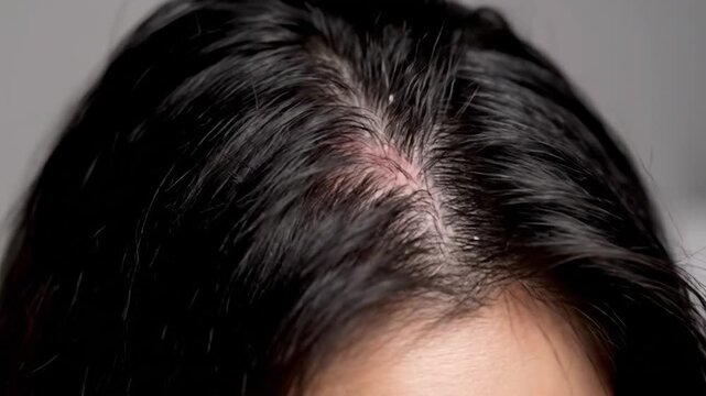 A close up of a scalp with black hair and signs of dandruff, with a hand touching the head