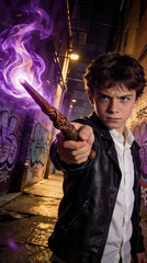 A boy stands in a narrow alley at night holding a wand. He looks focused as he points the wand forward. A purple glow appears in front of him