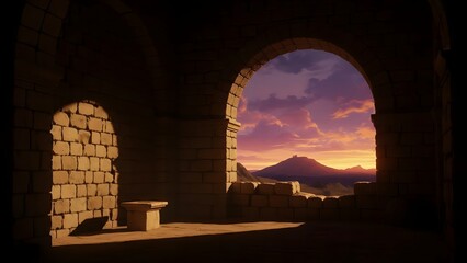 Easter sunrise landscape view from archway with mountain silhouette