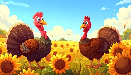 Two cheerful turkeys in a sunflower field on a sunny day.