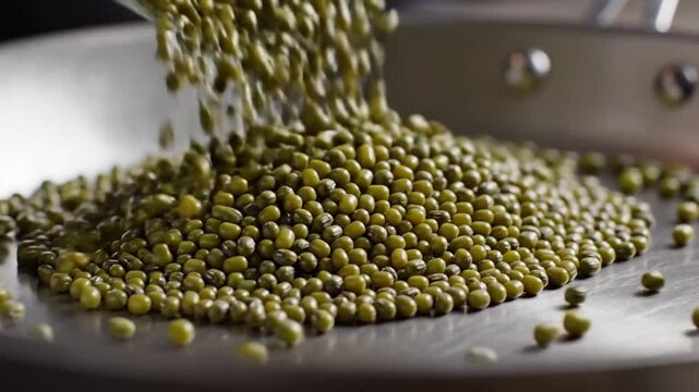 Close-up shot of pouring green mung beans from a glass into a stainless steel frying pan for cooking