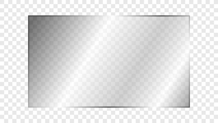 Transparent shiny rectangular glass plate 16:9 ratio. Clear glass panel showcase on a transparent background. Realistic laptop or TV screen light glare or reflection. Vector illustration.