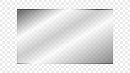Transparent shiny rectangular glass plate 16:9 ratio. Clear glass panel showcase on a transparent background. Realistic laptop or TV screen light glare or reflection. Vector illustration.