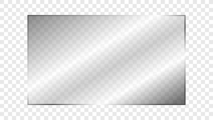 Transparent shiny rectangular glass plate 16:9 ratio. Clear glass panel showcase on a transparent background. Realistic laptop or TV screen light glare or reflection. Vector illustration.