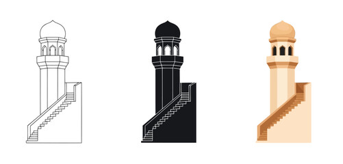 Obraz premium Modern Minaret Architecture Vector Set in Line Art, Black Silhouette and Color Style for Islamic Design, App UI, Posters and Branding