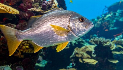 Silver Grunt Fish Swimming in Coral Reef Habitat.