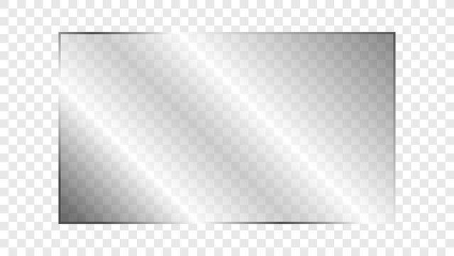 Transparent shiny rectangular glass plate 16:9 ratio. Clear glass panel showcase on a transparent background. Realistic laptop or TV screen light glare or reflection. Vector illustration.