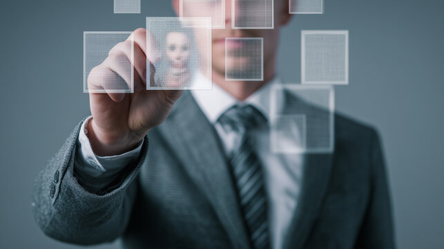 Businessman interacting with a futuristic virtual screen, selecting a digital profile or data for advanced technology, networking, and information analysis - Powered by Adobe
