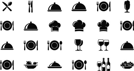 Black and white of dining utensils, dishes, and chef hats fork