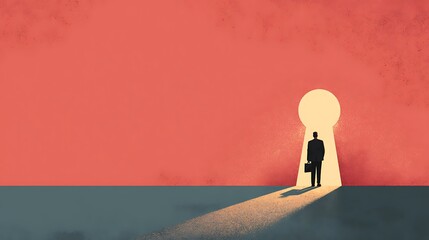 Businessman walking towards keyhole opportunity high resolution image
