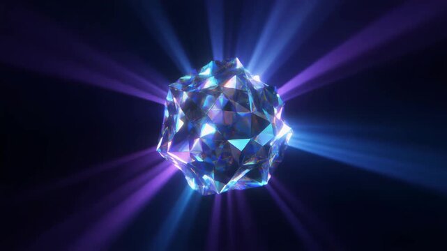 Facet crystal gemstone glowing with blue and purple light beams emanating in dark background