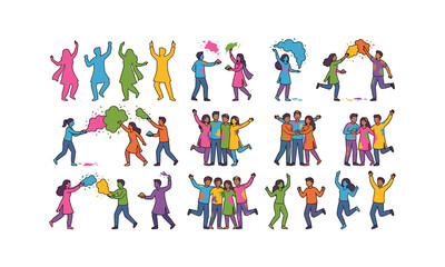Naklejka premium Set Bundle Holi People with Colors Dancing Together Vector Illustration