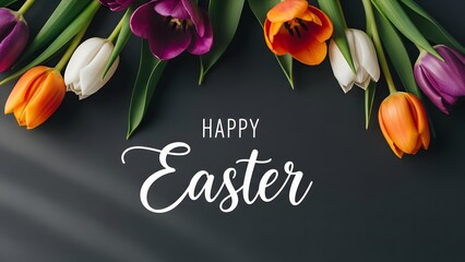 Happy easter wishes with colorful tulips and greeting card design