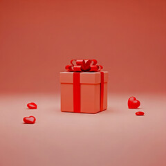 Gift box with red ribbon and hearts on a gradient background 3D rendering
