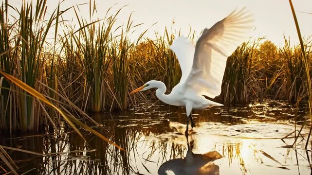 Graceful great white egret landing in marsh water illuminated by the golden sunrise, close-up view