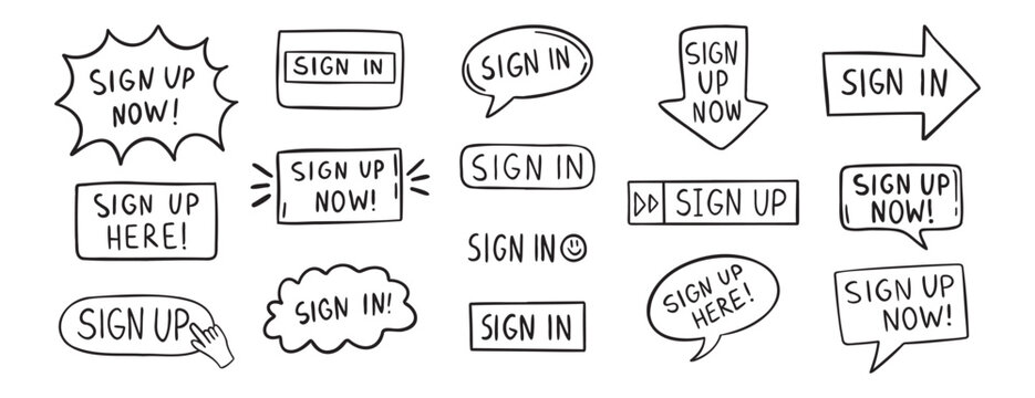sign up text icon. Sign in doodle hand drawn icon set. Outline drawing line clipart symbol