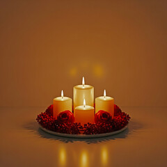 Four Lit Candles on a Silver Plate with Red Decorations and Roses