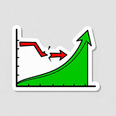 Green and red arrow graph showing a downward trend followed by a sharp upward trend chart