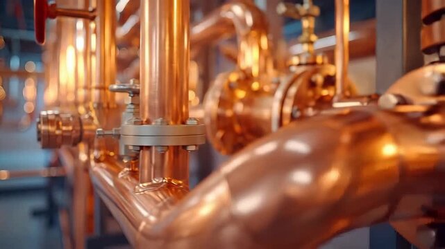 Close-up of copper pipes with silver valves and flanges in an industrial setting.