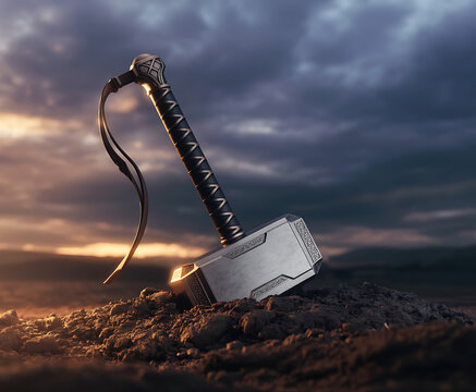 Mythical hammer embedded in rock
