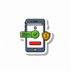 Gray smartphone with green checkmark and yellow dollar shield on screen mobile