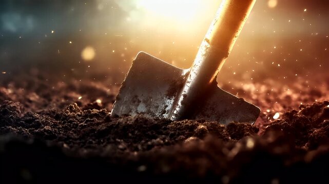 Spring booming. Life. New hope. Season. A closeup shot of a shovel breaking through a pile of dirt, with the sun casting a warm, golden hue over the scene. The shovel is the central focus.