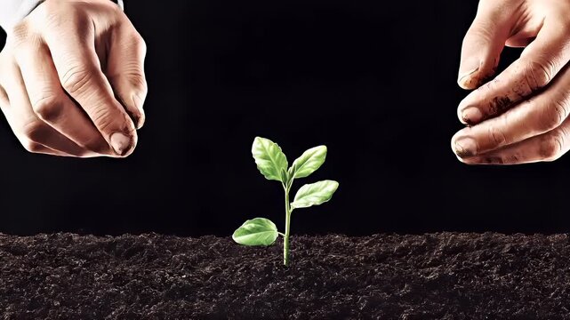 Spring booming. Life. New hope. Season. A closeup image of two hands gently cradling a young plant in soil. The hands are positioned in a way that suggests a tender moment of nurturing or care.