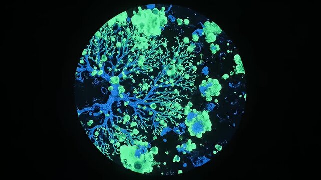 Abstract fractal tree structure with glowing neon blue and green bio-luminescent organisms in dark