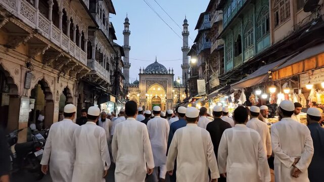 A rear view of devout muslim men walking in white attire toward a prominent mosque on a historic indian street at twilight.