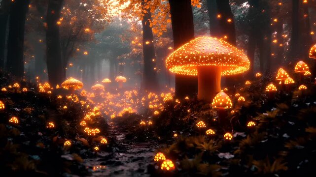 A vivid, atmospheric portrayal of a forest illuminated by a myriad of glowing mushrooms. The forest floor is adorned with numerous luminescent mushrooms, each with unique patterns and colors.
