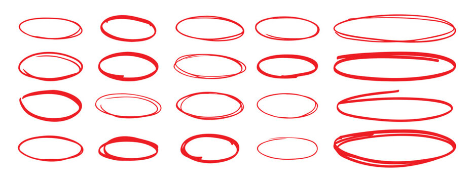red pen hand drawn doodle marks, red circle and oval stroke set. Outline red drawing line clipart symbol