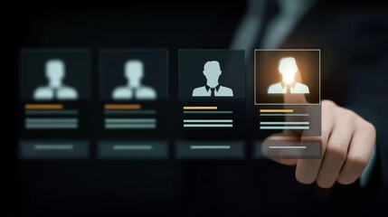 Selecting employee on virtual screen for recruitment with AI driven HR technology showing digital hiring workflow and workforce optimization concept in futuristic office
